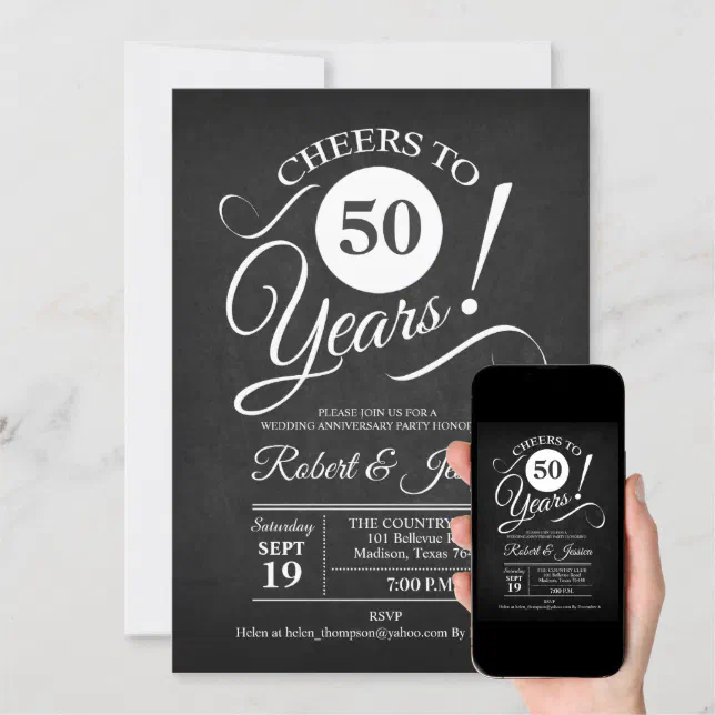 50th Wedding Anniversary - Chalkboard White Invitation | Zazzle