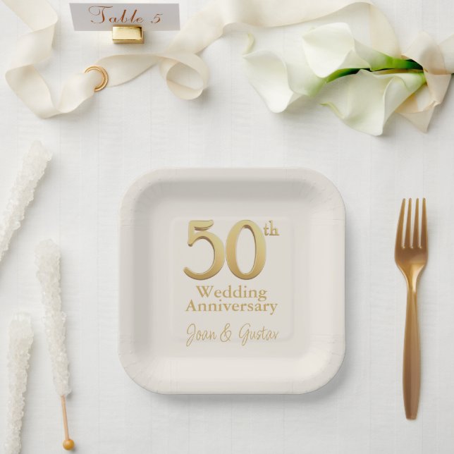 50th Wedding Anniversary Champagne White and Gold Paper Plates (Wedding)