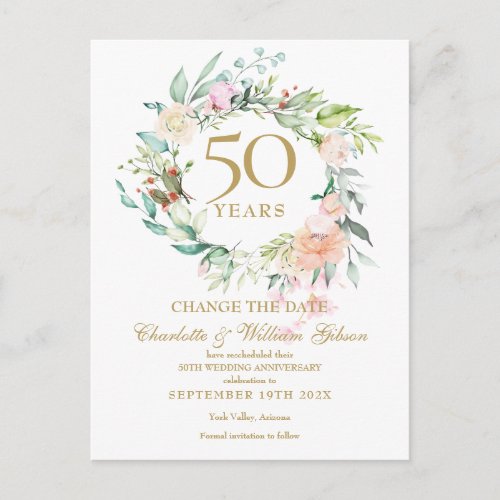 50th Wedding Anniversary Change the Date Floral Announcement Postcard