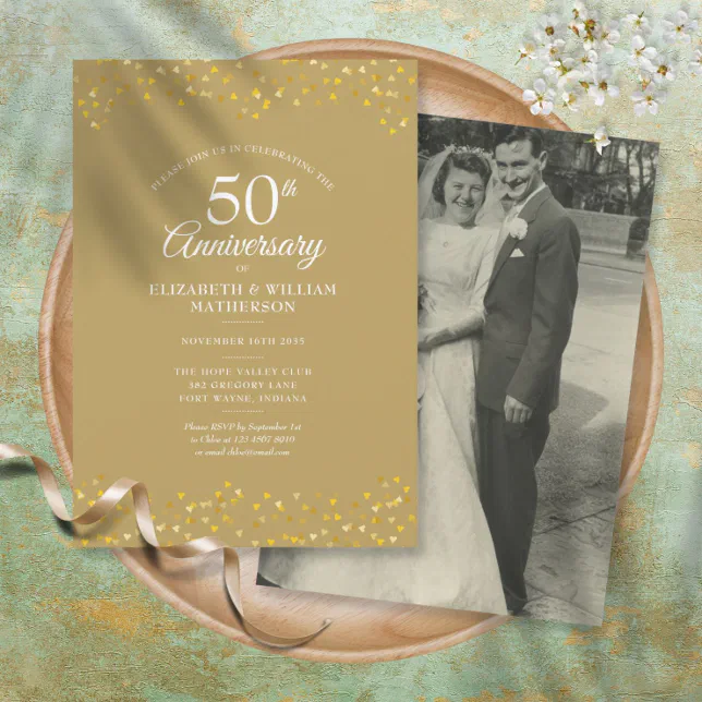 50th Wedding Anniversary Chic Gold Confetti Photo Invitation | Zazzle