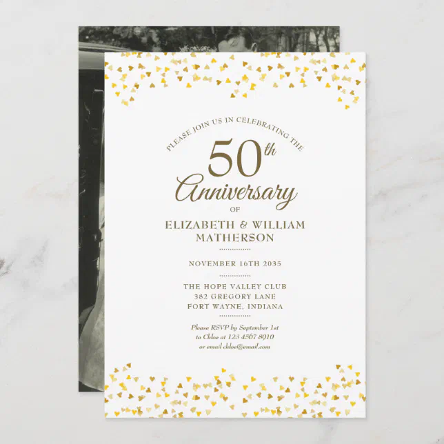 50th Wedding Anniversary Chic Gold Hearts Photo Invitation | Zazzle