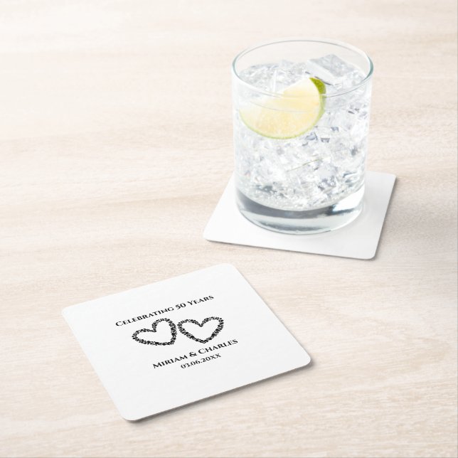 50th Wedding Anniversary Couple's Names Hearts Square Paper Coaster (Insitu)