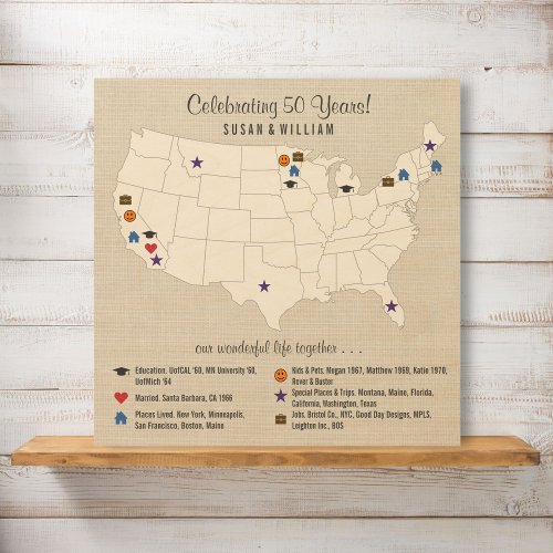 50th Wedding Anniversary Custom Life Story USA Map Wood Wall Art