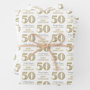 50th Wedding Anniversary Custom Names Gold Wrapping Paper Sheets