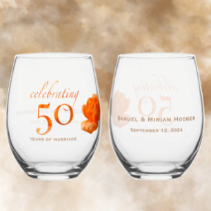 50th wedding anniversary customize peach rose gift stemless wine glass