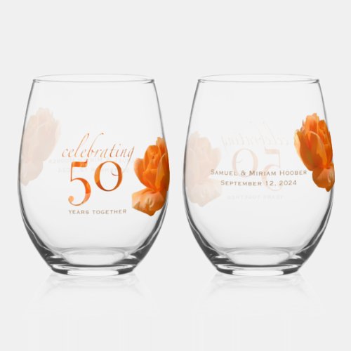 50th wedding anniversary customize peach rose gift stemless wine glass