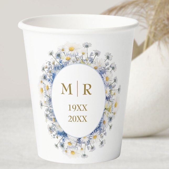 50th Wedding Anniversary Daisy Blue Gold  Paper Cups (Creator Uploaded)