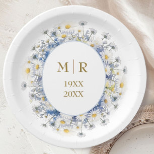 50th Wedding Anniversary Daisy Blue & Gold Paper Plates