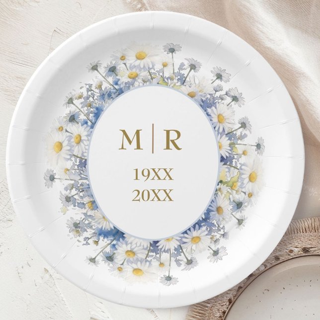 50th Wedding Anniversary Daisy Blue & Gold Paper Plates (Creator Uploaded)