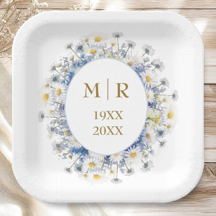 50th Wedding Anniversary Daisy Blue & Gold Paper Plates