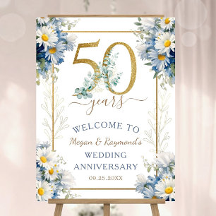 50th Wedding Anniversary Daisy Blue & Gold Welcome Foam Board