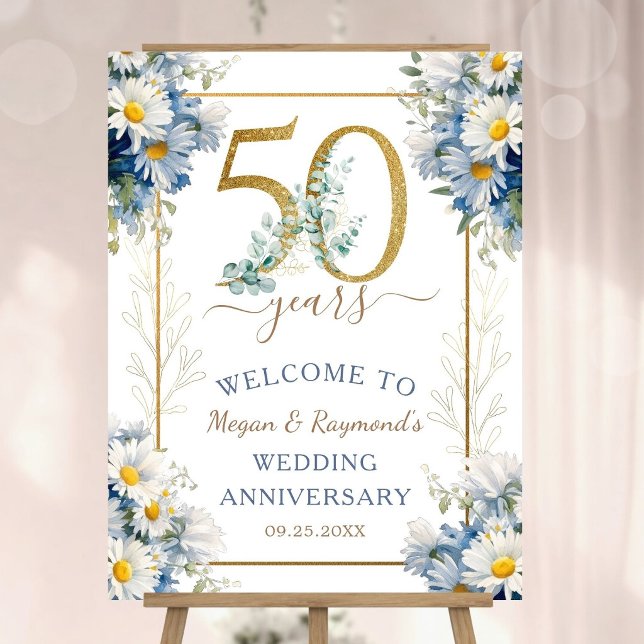 50th Wedding Anniversary Daisy Blue & Gold Welcome Foam Board (Creator Uploaded)