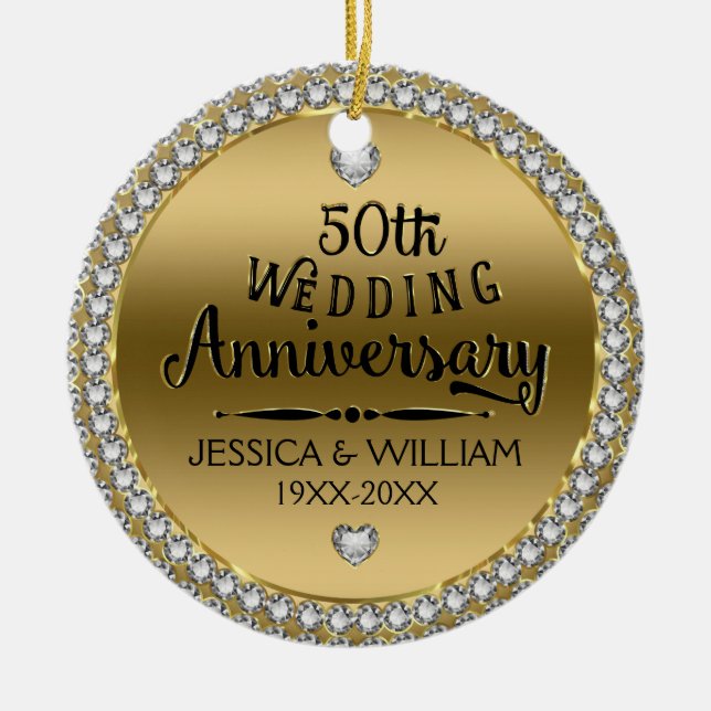 50th Wedding Anniversary Diamonds And Gold Ceramic Ornament (Front)