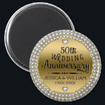 50th Wedding Anniversary Diamonds And Gold Magnet<br><div class="desc">Elegant 50th wedding anniversary with white diamonds circle,  shiny gold tones background. 50th wedding Anniversary text design in black with shiny accents. Customizable name and year of wedding.</div>