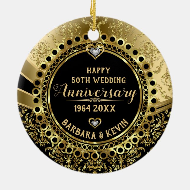 50th Wedding Anniversary Diamonds & Gold Damasks Ceramic Ornament (Back)