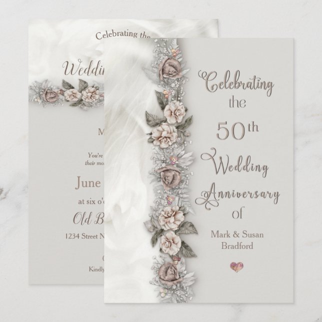 50th Wedding Anniversary Dreamy Floral Beige Rose  Invitation (Front/Back)