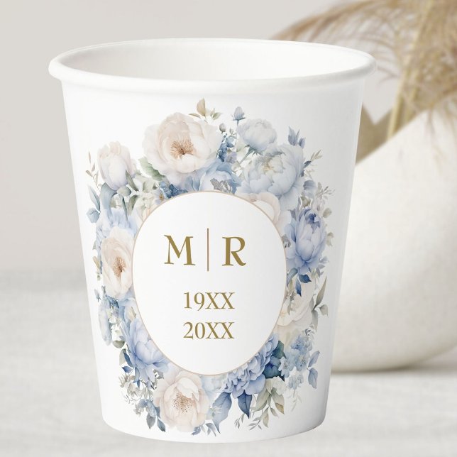 50th Wedding Anniversary Dusty Blue Gold  Paper Cups (Creator Uploaded)