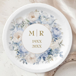 50th Wedding Anniversary Dusty Blue Gold Paper Plates