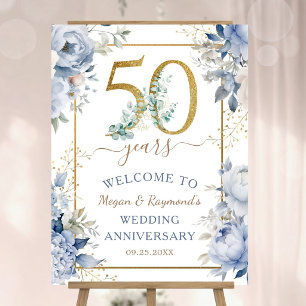50th Wedding Anniversary Dusty Blue Gold Welcome Foam Board