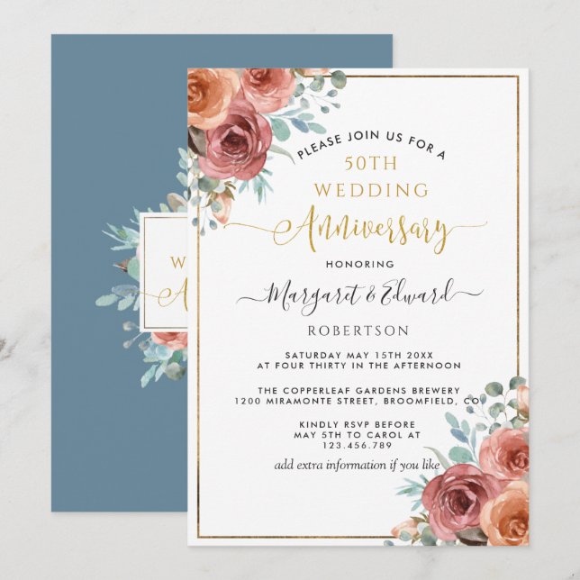 50th Wedding Anniversary, Dusty Blue Peach Floral Invitation (Front/Back)