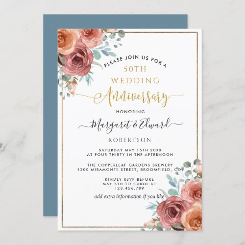 50th Wedding Anniversary Dusty Blue Peach Floral Invitation