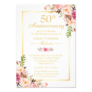 50th Wedding Anniversary Elegant Chic Gold Floral Invitation
