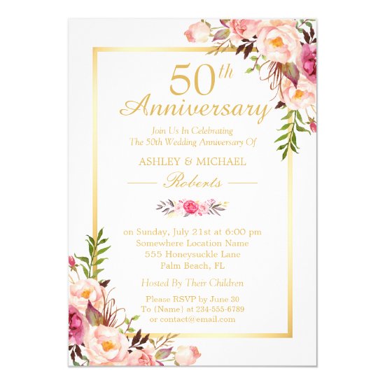 50th Wedding Anniversary Elegant Chic Gold Floral Invitation