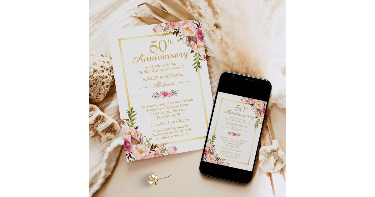 50th Wedding Anniversary Elegant Chic Gold Floral Invitation | Zazzle
