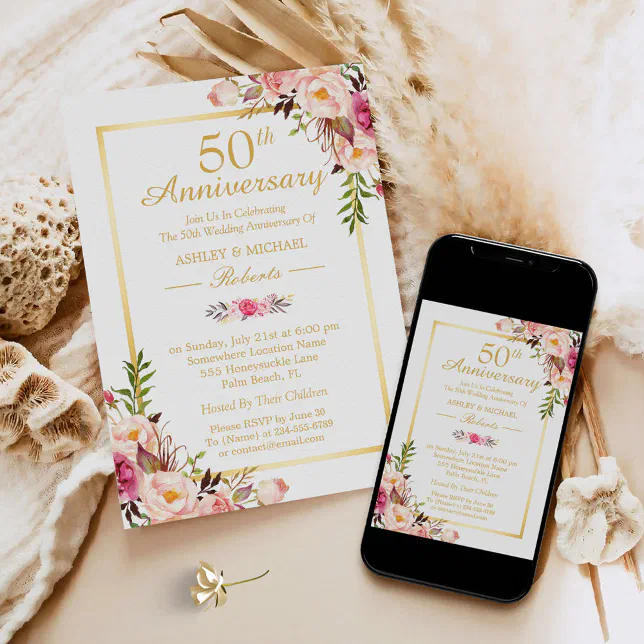 50th Wedding Anniversary Elegant Chic Gold Floral Invitation | Zazzle