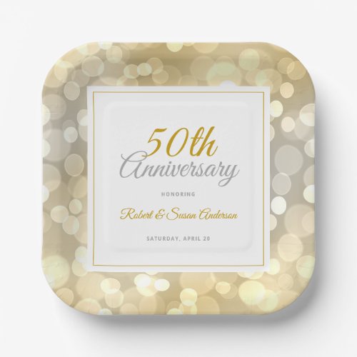 50th Wedding Anniversary Elegant Gold Bokeh Paper Plates