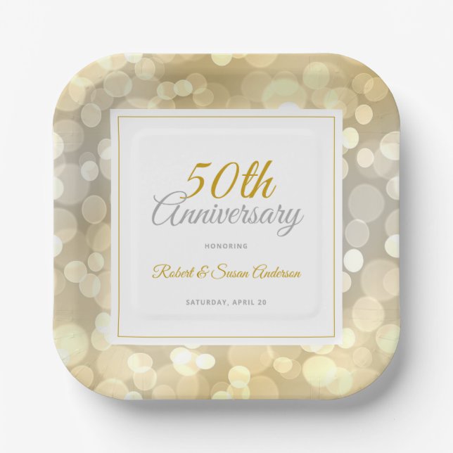 50th Wedding Anniversary Elegant Gold Bokeh Paper Plates (Front)