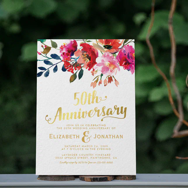 50th Wedding Anniversary Elegant Gold Floral Invitation | Zazzle