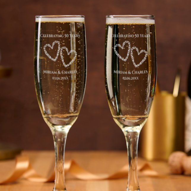 50th Wedding Anniversary Elegant Heart Keepsake Champagne Flute (Add couples name and anniversary date for stylish romantic heart anniversary party glasses 
)