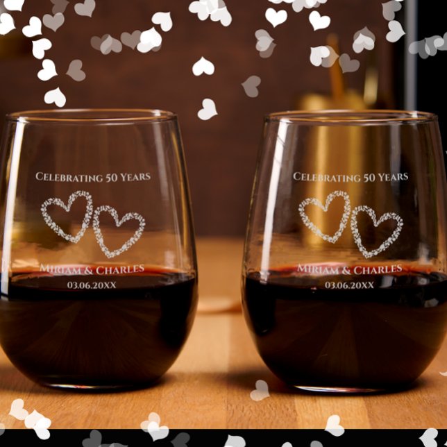 50th Wedding Anniversary Elegant Heart Keepsake Stemless Wine Glass (Add couple’s names and date for a unique elegant keepsake. Original heart design, stylish gift idea.)