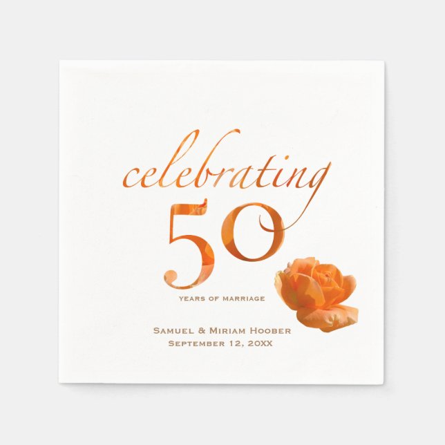 50th wedding anniversary elegant peach roses name napkins (Front)