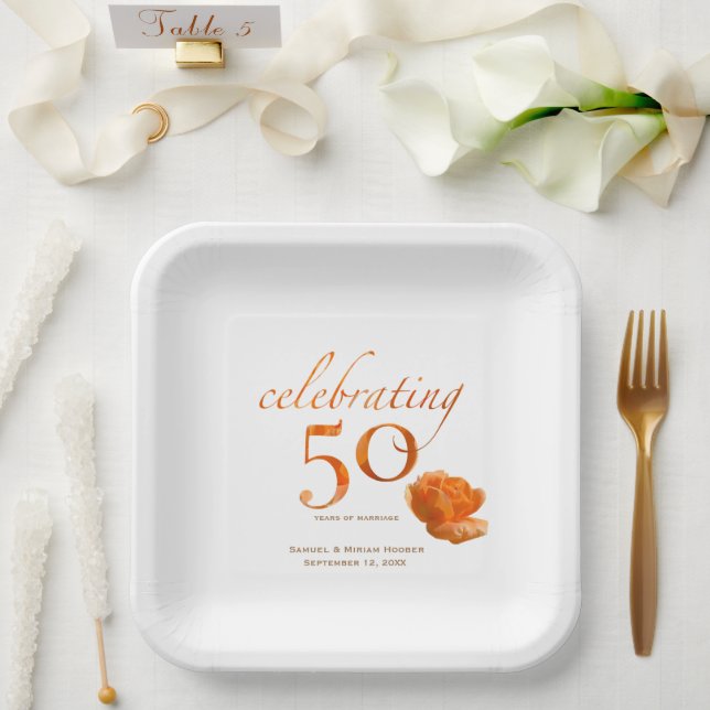 50th wedding anniversary elegant peach roses name paper plates (Wedding)