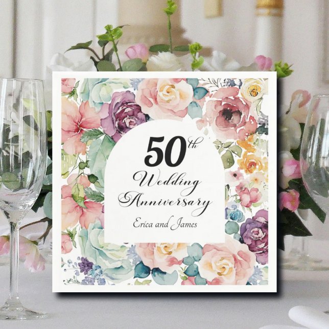 50th Wedding Anniversary Elegant Script Floral Napkins (Creator Uploaded)
