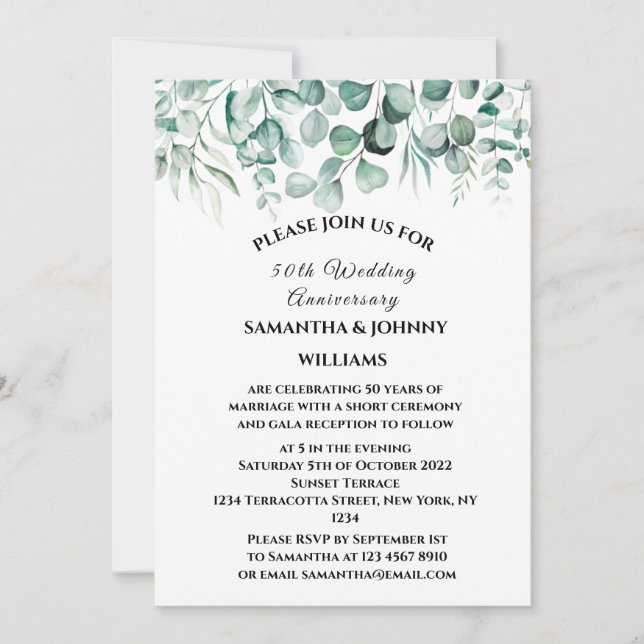 50th Wedding Anniversary Eucalyptus Botanical Invitation (Front)