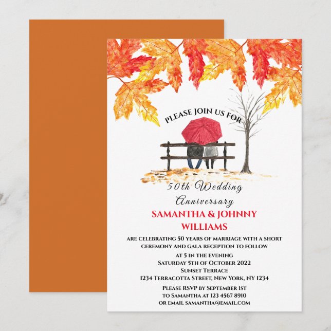 50th Wedding Anniversary Fall Autumn Orange Leaves Invitation (Front/Back)