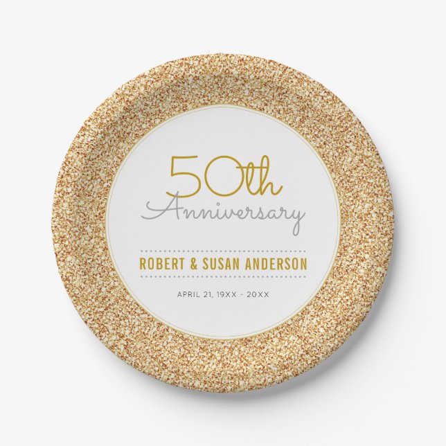 50th Wedding Anniversary Faux Gold Glitter Paper Plates (Front)