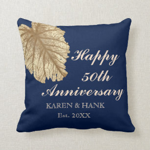 50th Wedding Anniversary Faux Gold Leaf Blue Throw Pillow