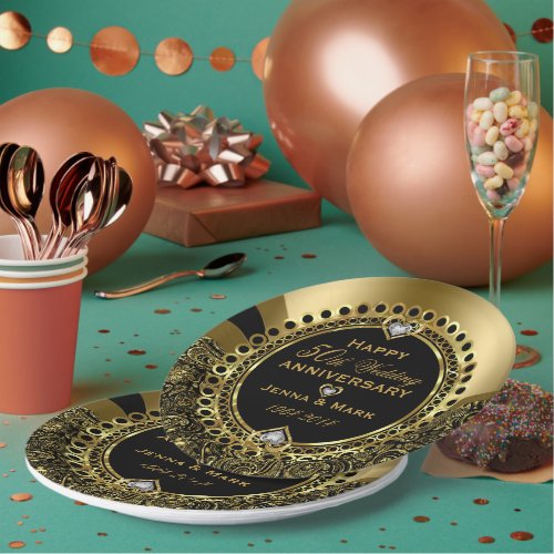 50th Wedding Anniversary Floral Black  Gold 3 Din Paper Plates