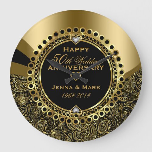 50th Wedding Anniversary Floral Black  Gold Large Clock