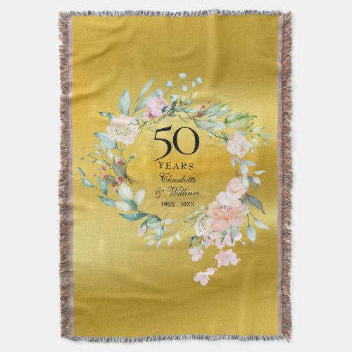 50th Wedding Anniversary Floral Gold Foil Throw Blanket