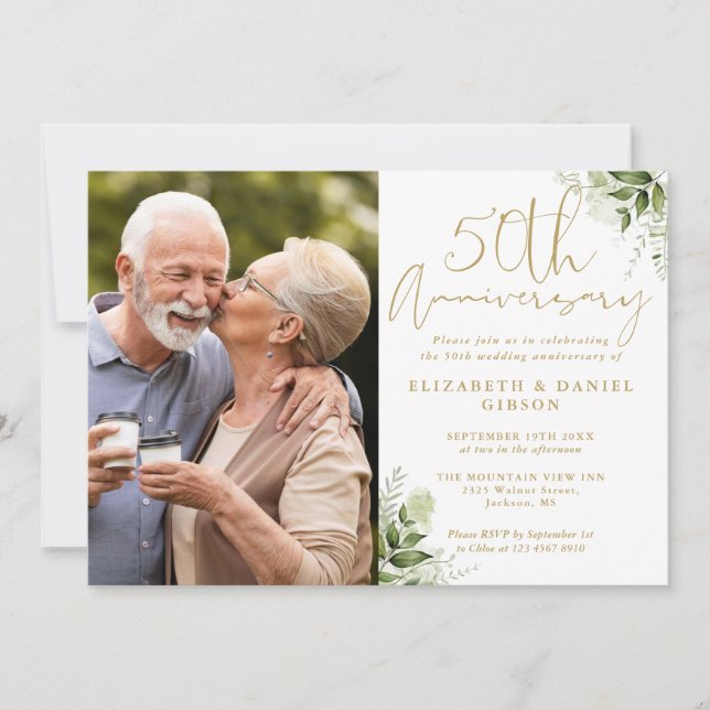 50th Wedding Anniversary Floral Gold Photo Invitation (Front)