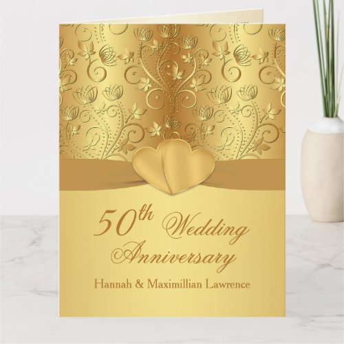 50th Wedding Anniversary Floral Golden Hearts Card