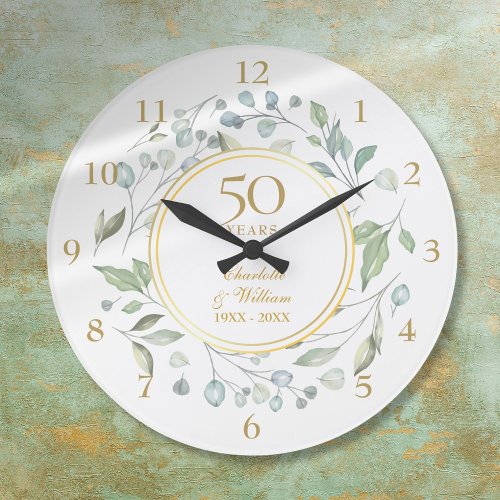 50th Wedding Anniversary Floral Greenery Large Clock