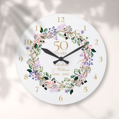 50th Wedding Anniversary Floral Lavender Garland Large Clock