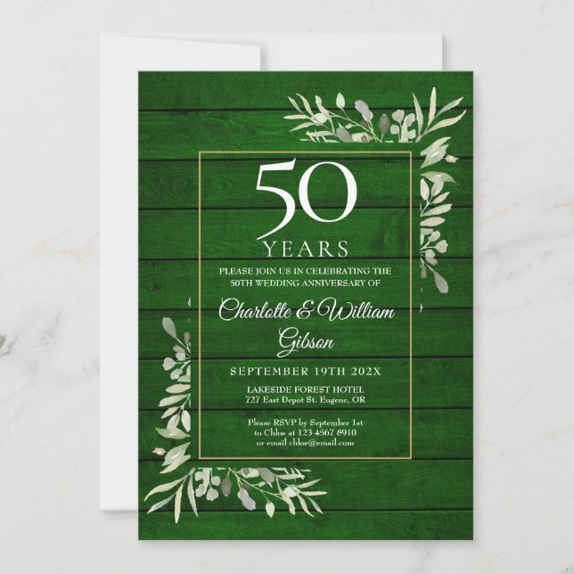 50th Wedding Anniversary Floral Rustic Green Wood Invitation (Front)