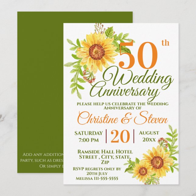 50th Wedding Anniversary Floral Sunflower Invitation (Front/Back)